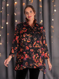 Floral Noir Black/Red Floral Print Wire Collar Blouse