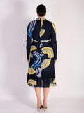 Navy/Yellow Plisse Pleated Shirt Dress With Belt Tie