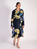 Navy/Yellow Plisse Pleated Shirt Dress With Belt Tie