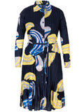 Navy/Yellow Plisse Pleated Shirt Dress With Belt Tie