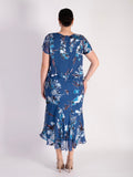 Azure Floral Print Layered Silk Devore Dress