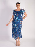Azure Floral Print Layered Silk Devore Dress