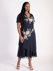 Navy Cowl Neck Chiffon Dress with Matt White/Gold Beads & Sequins