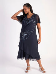 Navy Cowl Neck Chiffon Dress with Matt Gunmetal Beads & Sequins