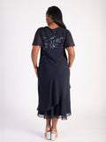 Navy Cowl Neck Chiffon Dress with Matt Gunmetal Beads & Sequins