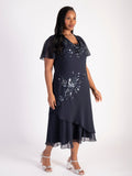 Navy Cowl Neck Chiffon Dress with Matt Gunmetal Beads & Sequins