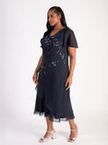 Navy Cowl Neck Chiffon Dress with Matt Gunmetal Beads & Sequins