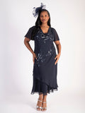 Navy Cowl Neck Chiffon Dress with Matt Gunmetal Beads & Sequins