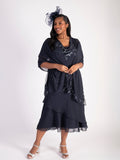 Navy Cowl Neck Chiffon Dress with Matt Gunmetal Beads & Sequins