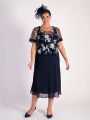 Navy Chiffon Dress with Floral Embroidered Mesh Overtop