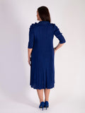 Royal Blue Pleated Dress With Chiffon Flower Details