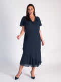 Dark Navy Double Layer Chiffon Cowl Neck Dress with Angel Sleeves