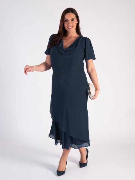 Dark Navy Double Layer Chiffon Cowl Neck Dress with Angel Sleeves