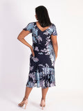 Navy/Lilac Enchanted Leaf Devoree Dress with Chiffon Neckline