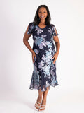 Navy/Lilac Enchanted Leaf Devoree Dress with Chiffon Neckline