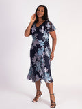 Navy/Lilac Enchanted Leaf Devoree Dress with Chiffon Neckline