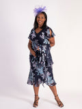 Navy/Lilac Enchanted Leaf Devoree Dress with Chiffon Neckline