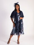 Navy/Lilac Enchanted Leaf Devoree Dress with Chiffon Neckline