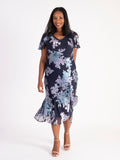 Navy/Lilac Enchanted Leaf Devoree Dress with Chiffon Neckline