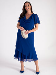 Cobalt Double Layer Chiffon Cowl Neck Dress with Angel Sleeves