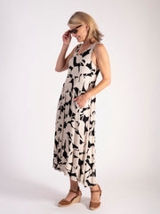Latte/Black Abstract Floral Print Sleeveless High-Low Jersey Dress