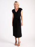 Black Textured Jersey Short Sleeve Dress with Tie Front