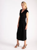 Black Textured Jersey Short Sleeve Dress with Tie Front