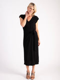 Black Textured Jersey Short Sleeve Dress with Tie Front