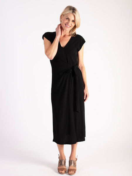 Black Textured Jersey Short Sleeve Dress with Tie Front