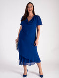 Cobalt Double Layer Chiffon Cowl Neck Dress with Angel Sleeves