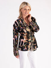 Black/Multi Bohemian Print Shirt with Side Tie Detail