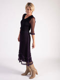 Grape Mock Layer Daisy Chain Trim Plissé Pleat Mesh Dress
