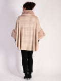 Opulent Blush Check Wrap with Luxe Fur Trim