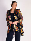 Navy Chrysanthemum Print Silk Devoree Swing Jacket with Split Cuff Detail - Promotion Until 8th May 2024