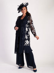 Navy/Silver Burnout Floral Leaf Coat with Chiffon Trim