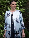 Pale Aqua/Silver Floral Placement Edge to Edge Contrast Lined Satin Twill Coat