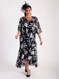 Navy/Silver Burnout Floral Leaf Dress and Jacket Set