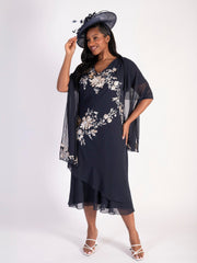 Navy Chiffon Shawl with Matt White/Gold Beads & Sequins