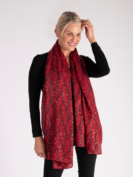 Red Fern Print Scarf with Foil Accents