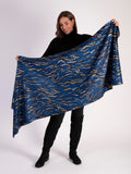Blue Abstract Zebra Print Scarf with Metallic Detailing