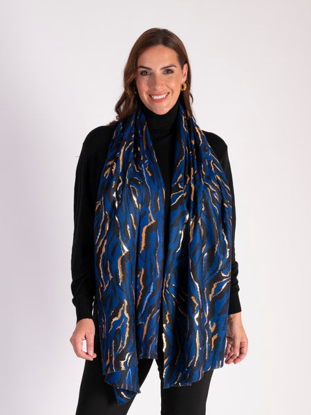 Blue Abstract Zebra Print Scarf with Metallic Detailing