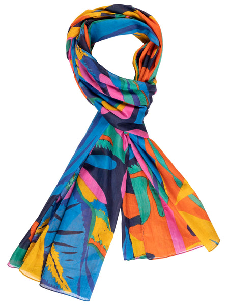 Navy/Multi Tropical Leaf Print Cotton Scarf with Striped Edge