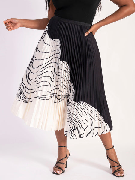Black/Ivory Geometric Print Pleated Skirt