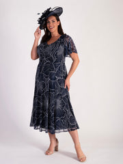 Navy/Ivory Floral Print Pintuck Seamed Mesh Dress