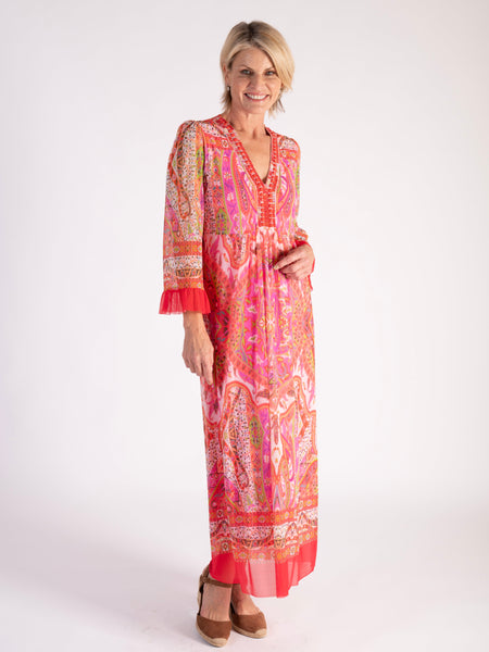 A Pink/Multi Paisley Print Mesh Maxi Dress with Beaded Neckline
