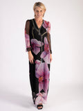 Black/Pink Orchid Print Mesh Maxi Dress with Beaded Neckline