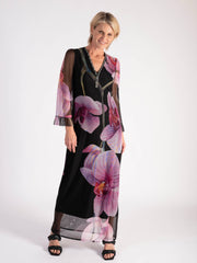 Black/Pink Orchid Print Mesh Maxi Dress with Beaded Neckline