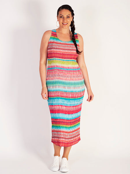Holiday Stripe Sleeveless Plissé Dress -