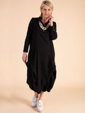 Black Tuck Detail Drape Dress with Collar Front