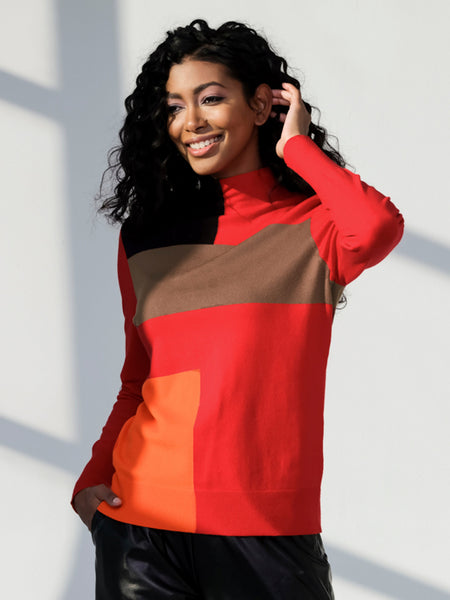Red Fine Knit Turtleneck Jumper with Colourblock Shapes